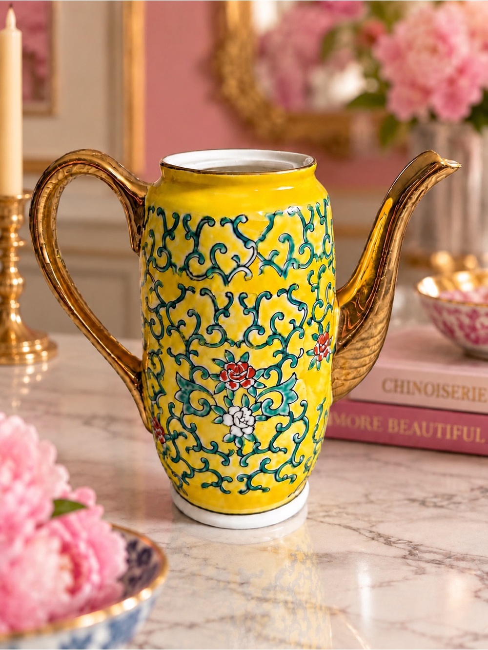 Vintage Japan Yellow Floral Porcelain Teapot Gold Trim 6.5”